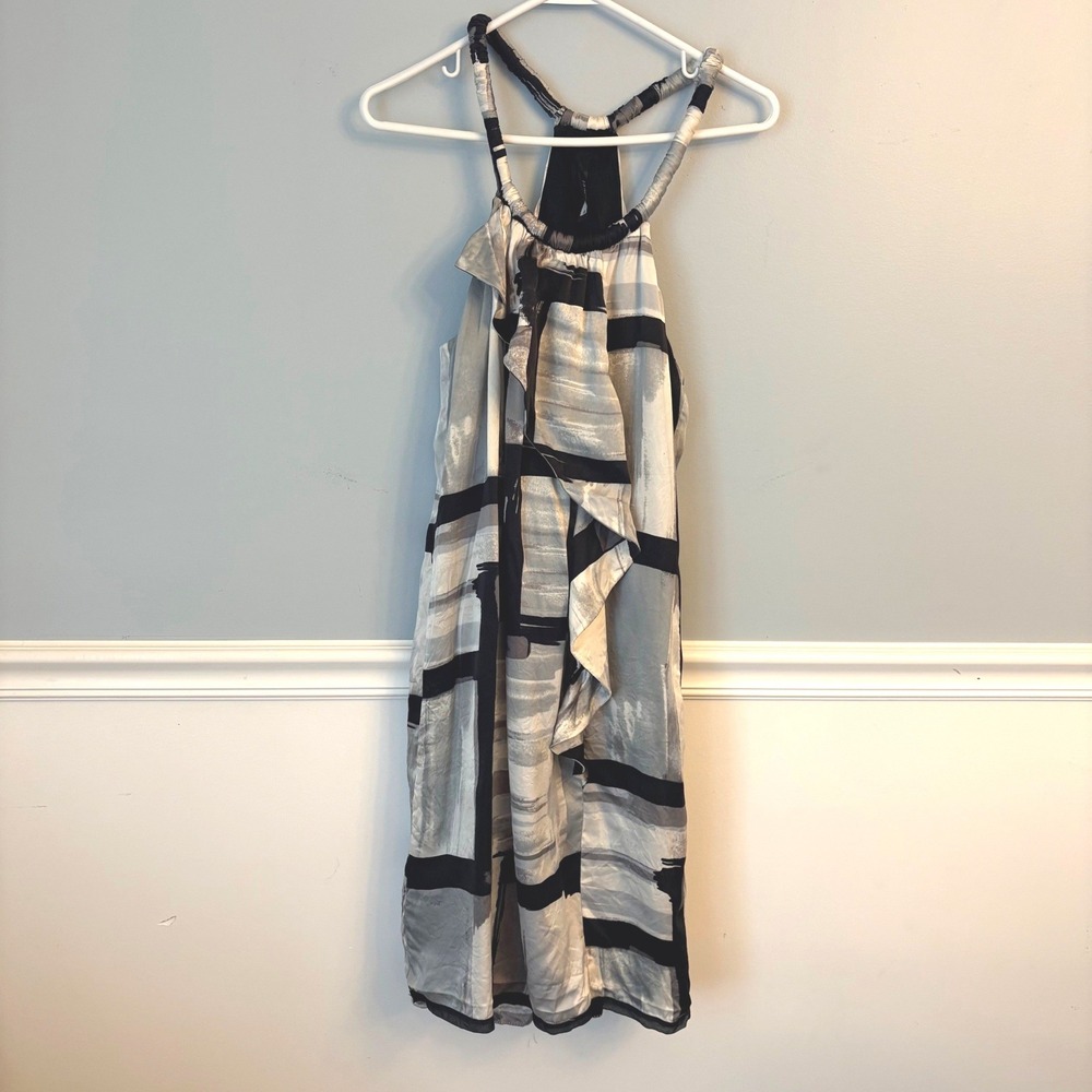 Poleci Womens Silk Halter Cocktail Dress Abstract Geometric Grey Black Y2K Sz 6